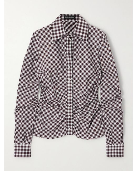 Dolce & Gabbana Brown Ruched Gingham Cotton Shirt