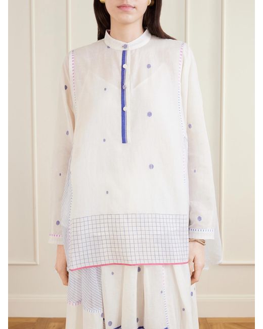 Eka White Cosmos Handwoven Cotton-Jamdani Blouse Patched With Printed Stripes