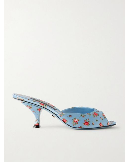 Dolce & Gabbana Blue Kiera Floral-Print Satin Mules