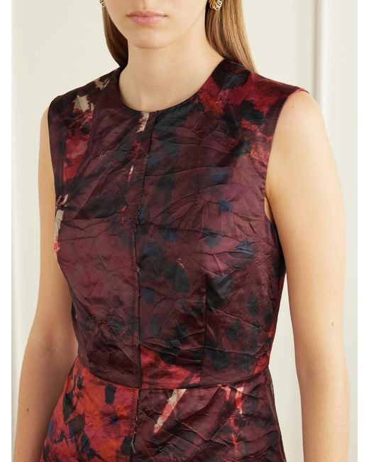 Erdem Purple Floral-Print Crinkle Paneled Satin Midi Dress