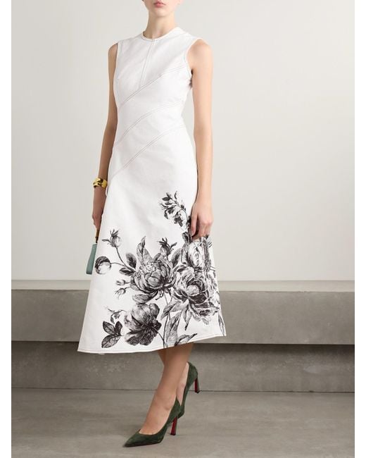 Erdem White Asymmetric Paneled Floral-Print Denim Midi Dress