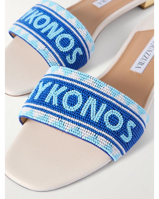 Aquazzura Blue Mykonos Beaded Leather Slides