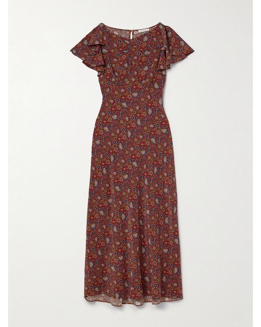 Doen Red Beatriz Ruffled Printed Silk Crepe De Chine Midi Dress