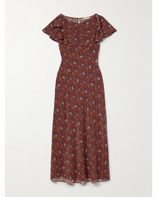 Doen Red Beatriz Midikleid Aus Crêpe De Chine Aus Seide Mit Blumenprint Und Volants