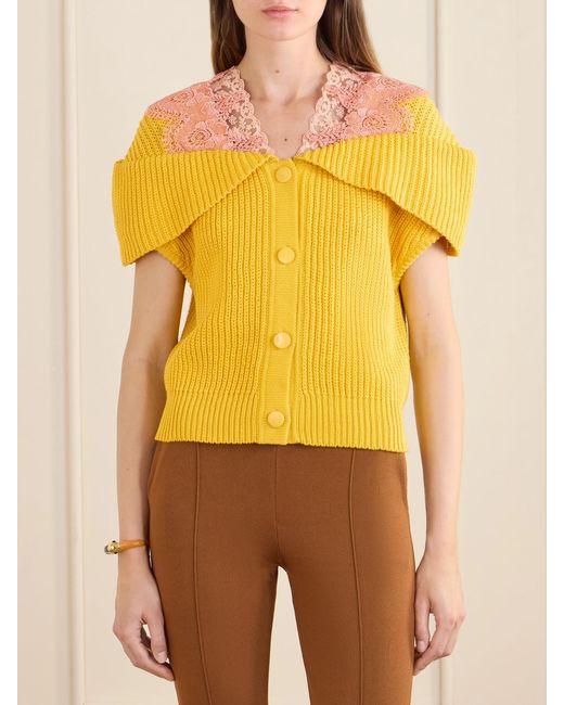 Chloé Yellow Lace-Trimmed Ribbed-Knit Cotton Cardigan