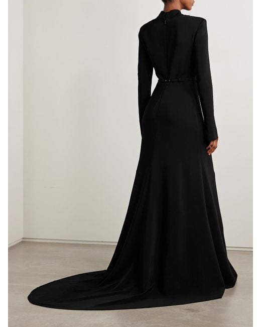 Oscar de la Renta Black Wrap-Effect Embellished Belted Crepe Gown