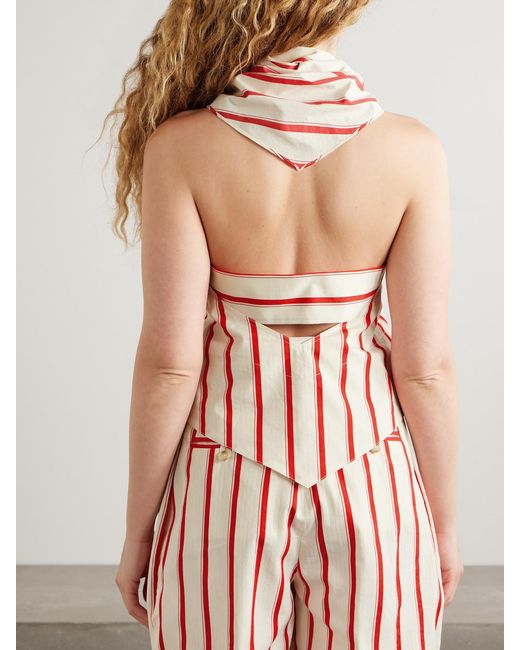 Rosie Assoulin Red Kerchief Striped Herringbone Cotton-Blend Halterneck Top
