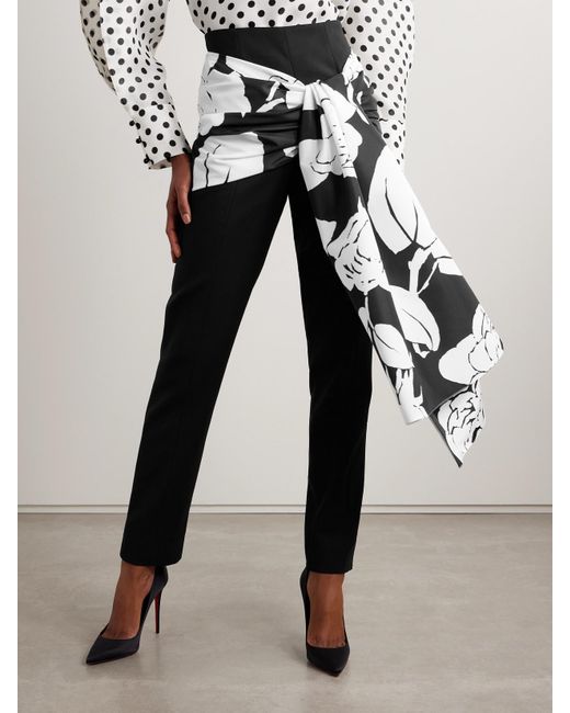 Carolina Herrera White Draped Floral-Print Faille And Crepe Slim-Leg Pants
