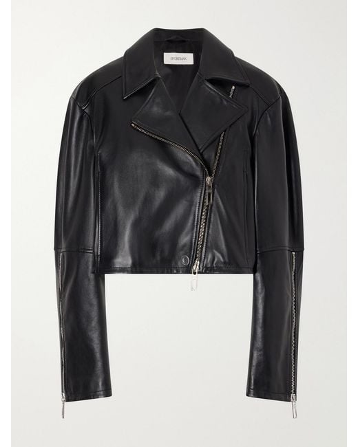 Sportmax Black Cropped Fringed Nappa Leather Biker Jacket
