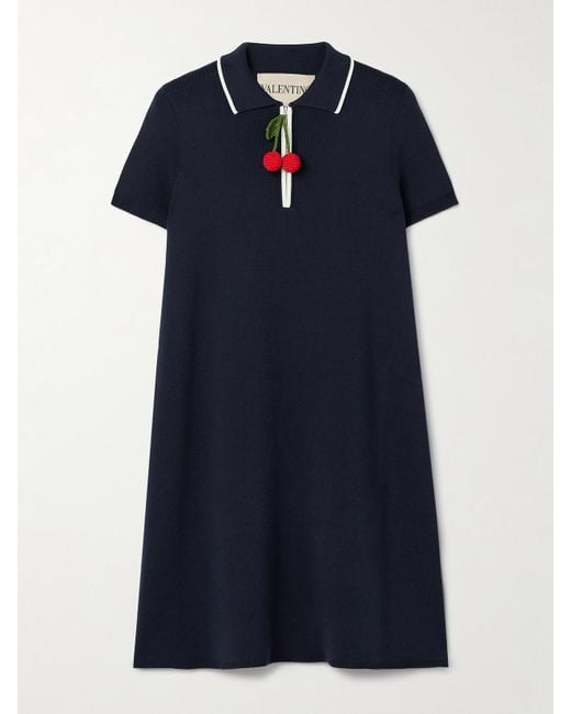 Valentino Garavani Blue Embellished Ribbed Cotton Mini Dress