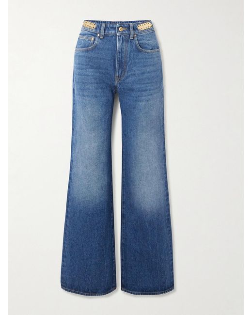 Rabanne Blue Chainmail-Embellished Mid-Rise Straight-Leg Jeans