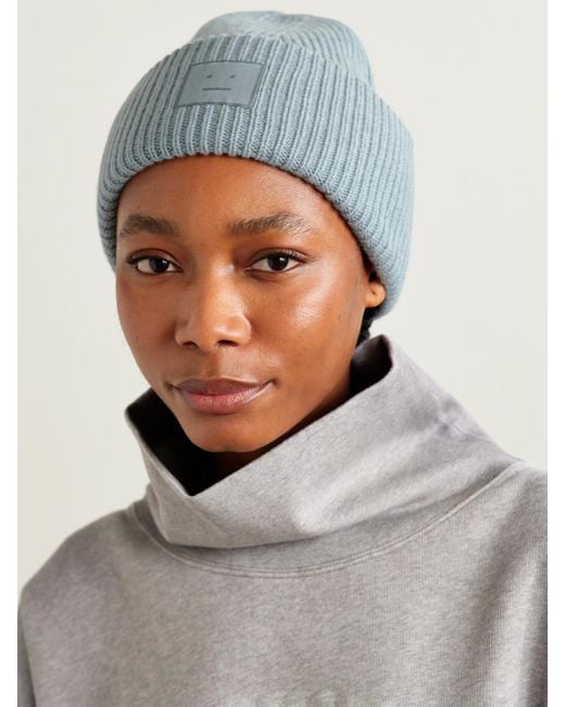 Acne Blue Appliquéd Ribbed Wool And Yak Hair-Blend Beanie