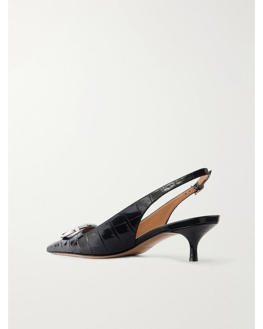 Ferragamo Natural Sara 40 Embellished Croc-Effect Leather Slingback Pumps