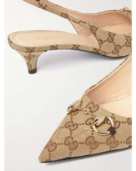 Gucci Natural Erin Horsebit-Embellished Canvas-Jacquard Slingback Pumps