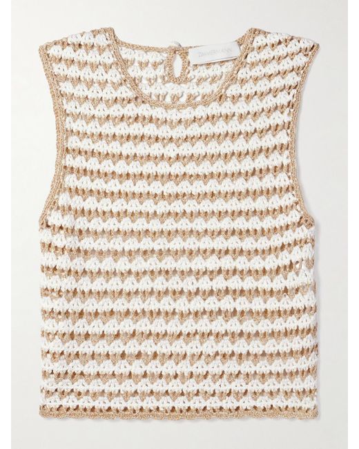 Zimmermann Natural Tallow Cropped Striped Crocheted Cotton-Blend Tank