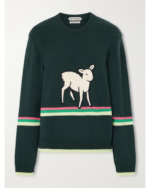 J.W. Anderson Green Sheep Embroidered Striped Cotton Sweater