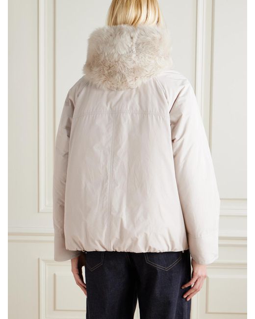 Brunello Cucinelli Natural Hooded Ribbed-Knit And Shearling-Trimmed Bead-Embellished Padded Shell Down Jacket