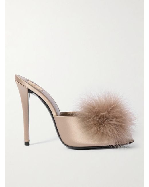 Saint Laurent Natural Goldie Mules Aus Satin Mit Federn