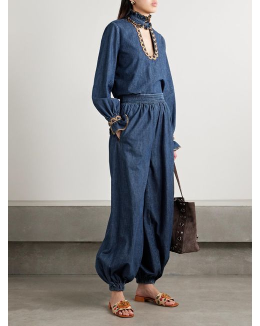Valentino Garavani Blue Tasseled Embroidered Chambray Tapered Pants
