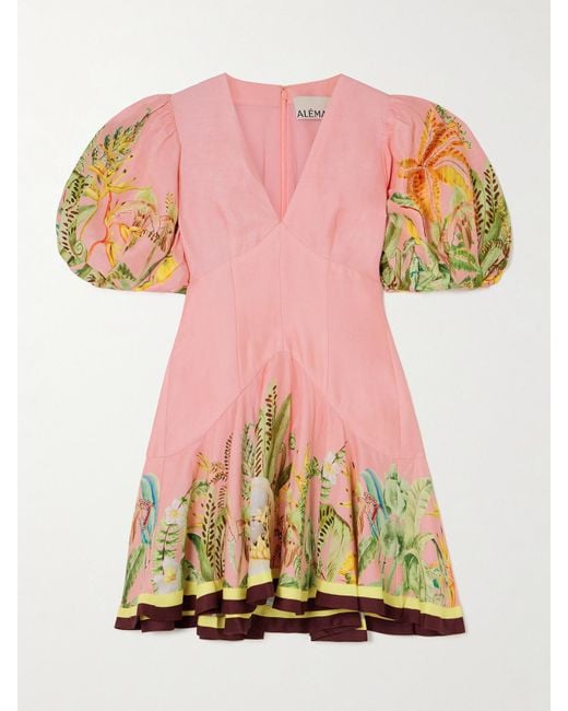 ALÉMAIS Pink Papaya Minikleid Aus Einer Bedruckten Leinenmischung