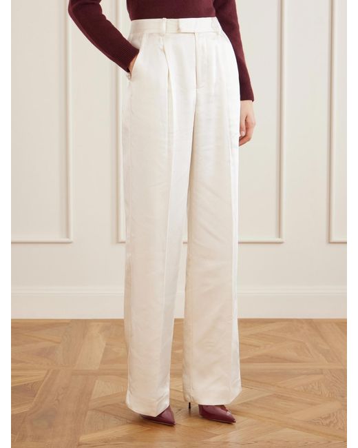 Self-Portrait White Pleated Satin Straight-Leg Pants