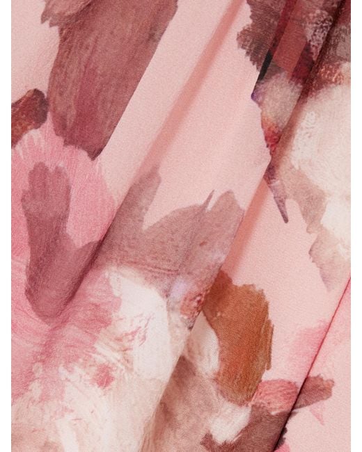 Erdem Pink Midikleid Aus Seiden-Voile Mit Blumenprint, Raffungen Und Bindegürtel