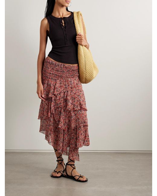 Isabel Marant Red Brigitte Asymmetrischer, Gestufter Rock Aus Bedrucktem Georgette Mit Volants