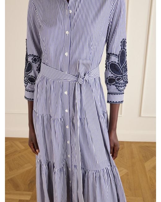 Carolina Herrera Blue Belted Tiered Embroidered Striped Cotton-Poplin Midi Dress