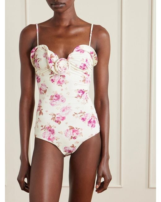 Magda Butrym Pink Embellished Gathered Floral-Print Swimsuit