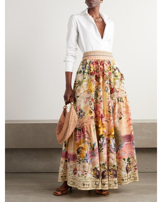 Camilla White The Lotus Crystal-Embellished Printed Linen Maxi Skirt
