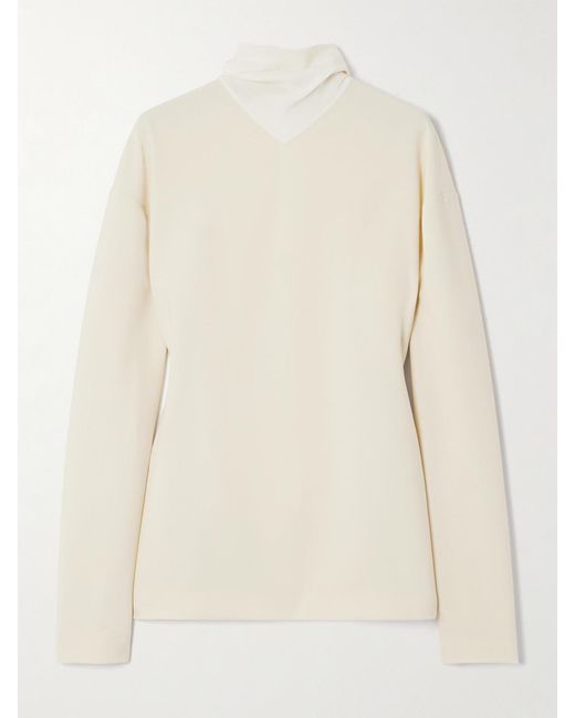 Carven Natural Fringed Scarf-Detailed Silk-Trimmed Wool-Blend Blouse