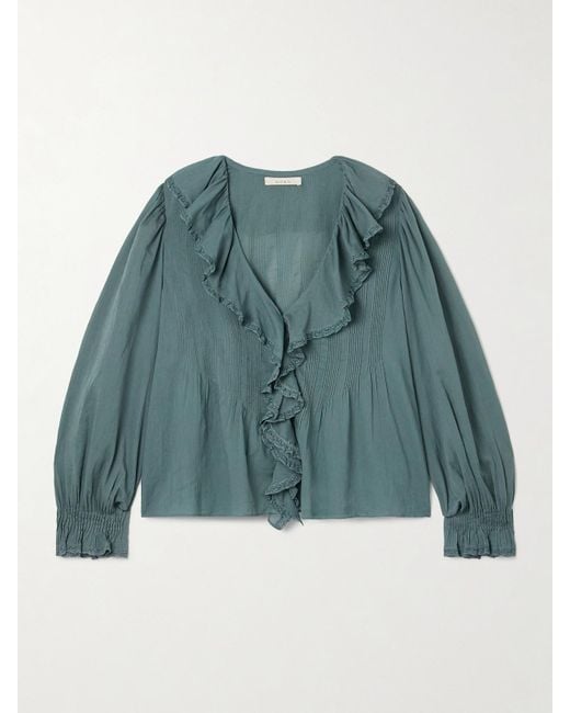 Doen Blue Hardy Lace-Trimmed Ruffled Pintucked Organic Cotton-Voile Blouse