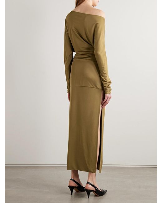 Khaite Green Junet One-Shoulder Draped Satin-Jersey Maxi Dress