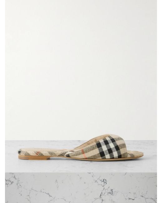 Burberry Natural Pantoletten Aus Kariertem Leinen