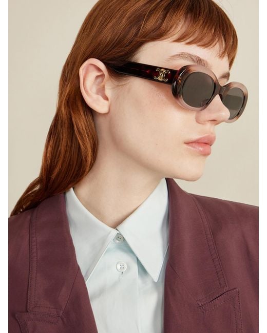 Céline Red Triomphe Oval-Frame Tortoiseshell Acetate Sunglasses