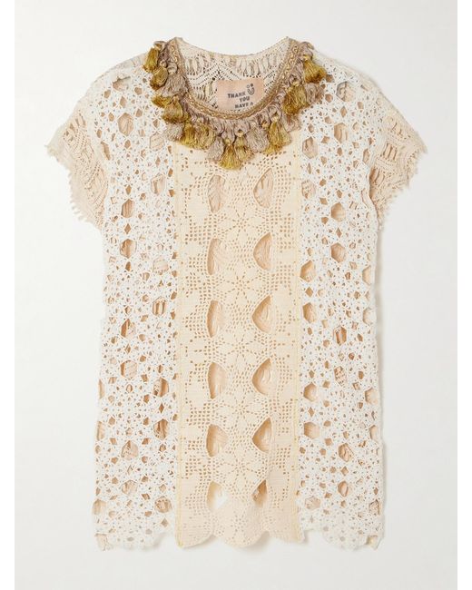 Thank You Have A Good Day Natural Tasseled Patchwork Crocheted Cotton Top