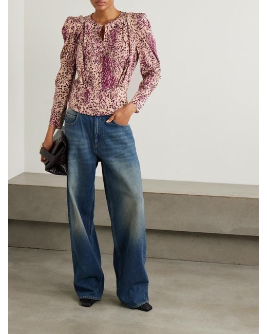 Isabel Marant Red Zarga Pleated Printed Silk-Blend Blouse
