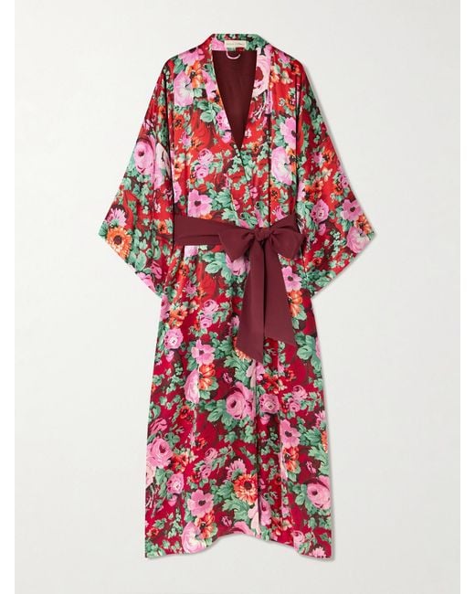 Olivia Von Halle Red Queenie Belted Floral-Print Silk-Satin Robe