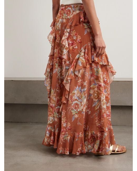 Zimmermann Brown Awaken Belted Ruffled Floral-Print Cotton And Silk-Blend Crepe De Chine Maxi Skirt