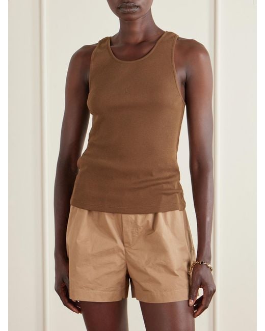 Saint Laurent Brown Cassandre Embroidered Ribbed Cotton-Jersey Tank