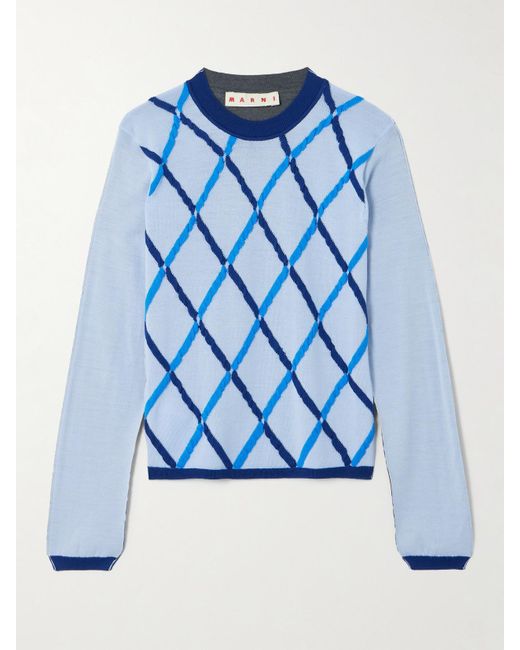 Marni Blue Argyle Knitted Wool And Silk-Blend Sweater
