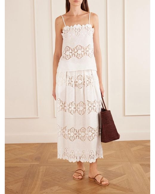 Miguelina White Carissa Embroidered Cotton And Linen-Blend Midi Skirt