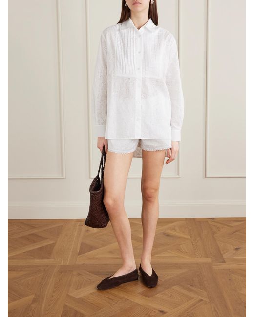 Loretta Caponi White Arabelle Pleated Broderie Anglaise Cotton Shirt
