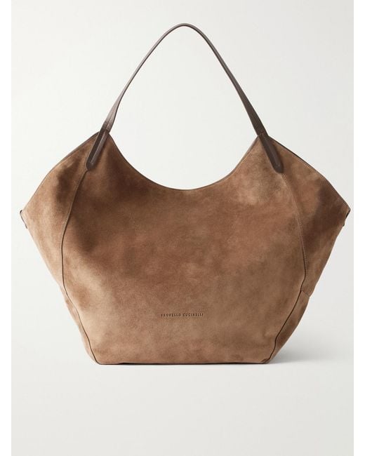 Brunello Cucinelli Brown Bead-Embellished Reversible Suede Shoulder Bag