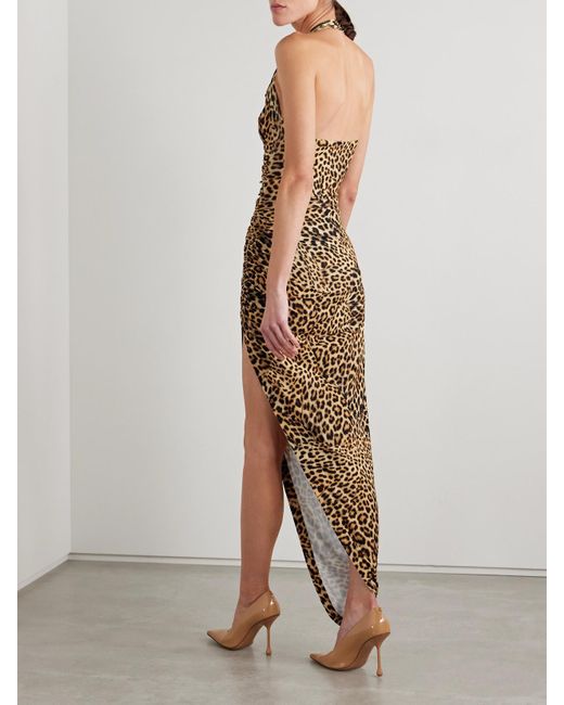 Norma Kamali Natural Cayla Ruched Leopard-Print Stretch-Jersey Halterneck Gown
