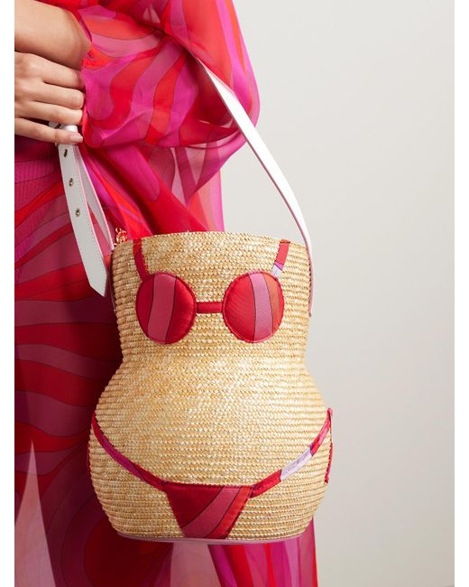 Emilio Pucci Red Nella Leather-Trimmed Raffia And Printed Satin-Twill Tote