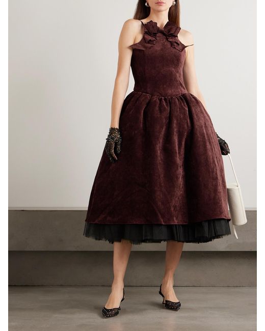 ShuShu/Tong Red Bow-Embellished Crushed-Velvet Midi Dress