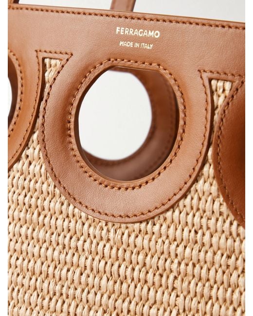 Ferragamo Natural Tt Gancio Small Leather-Trimmed Raffia Tote Bag