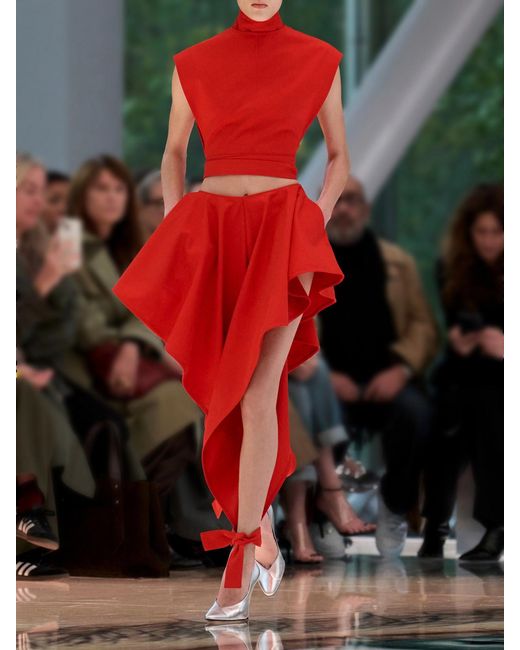 Alaïa Red Paneled Ruffled Cotton-Gabardine Wide-Leg Pants