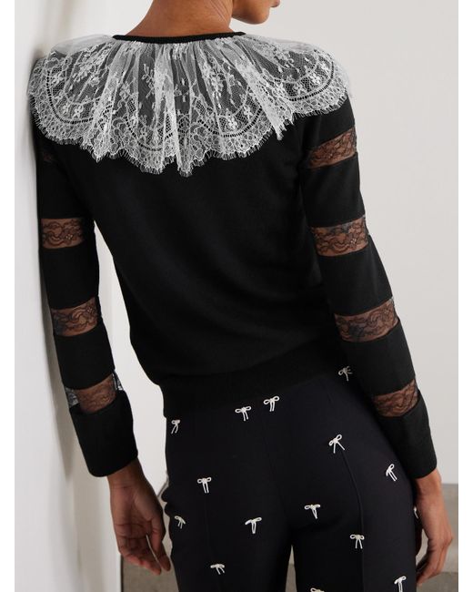 Valentino Garavani Black Bow-Embellished Striped Lace-Trimmed Wool Sweater
